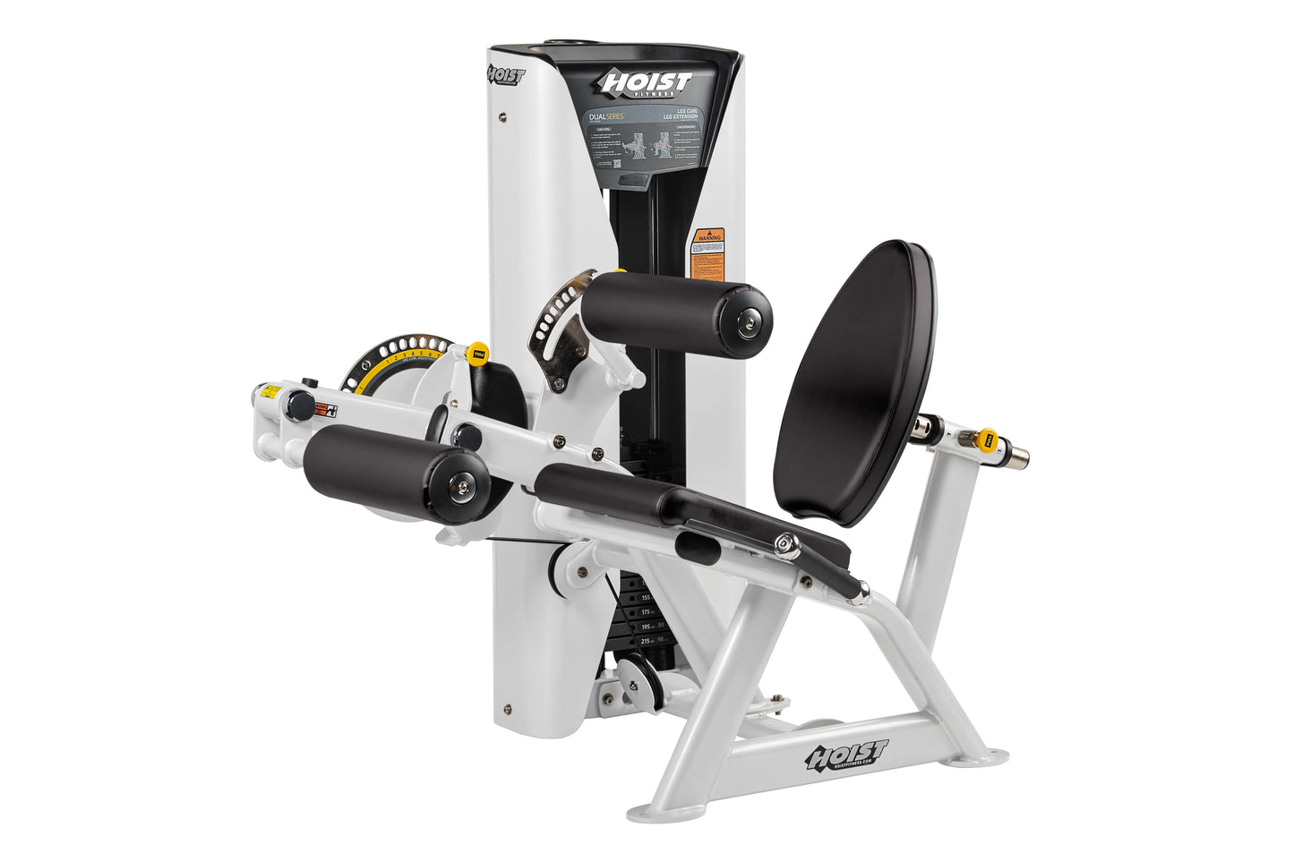 Hoist Dual Series white and black leg extension/leg curl machine with adjustable seat and foot pads on white background