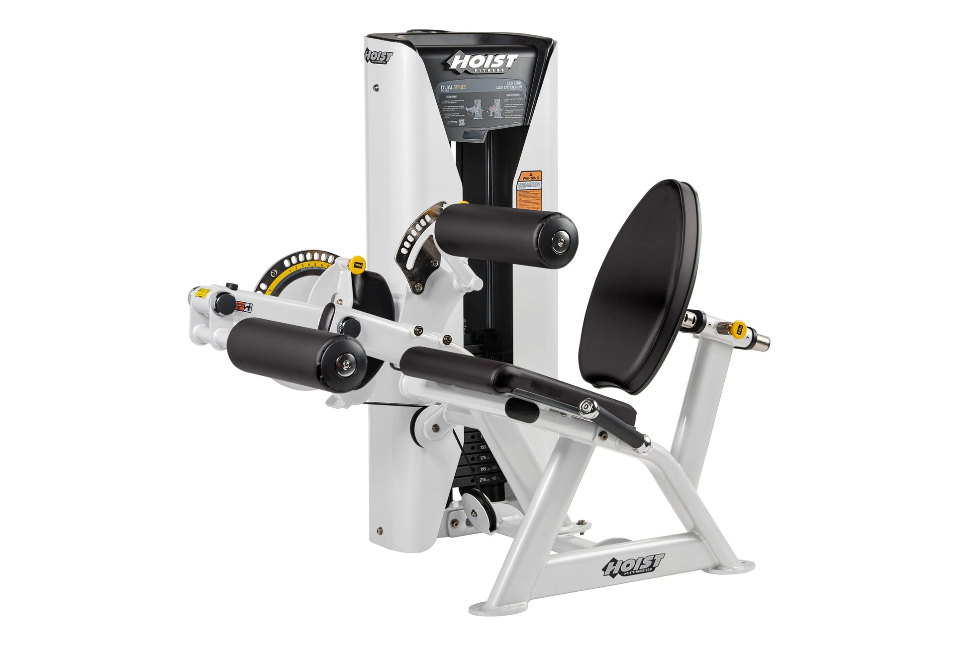 Hoist Dual Series white and black leg extension/leg curl machine with adjustable seat and foot pads on white background