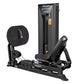 Black Hoist leg press and calf raise machine with padded seat, vertical tower, rotating footplate, and adjustable backrest on