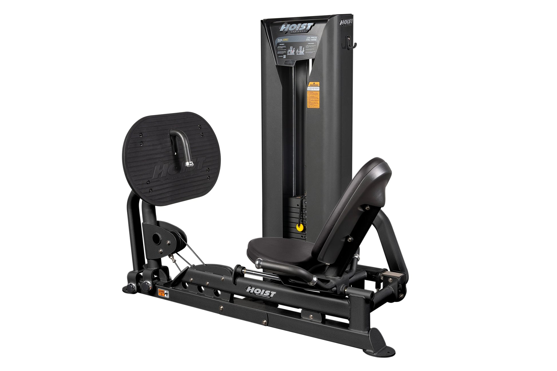 Black Hoist leg press and calf raise machine with padded seat, vertical tower, rotating footplate, and adjustable backrest on