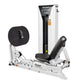 Hoist leg press and calf raise machine with white frame, black padded seat and backrest, circular foot platform, and tall upr