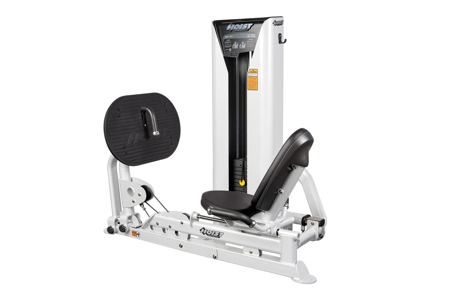Hoist leg press and calf raise machine with white frame, black padded seat and backrest, circular foot platform, and tall upr