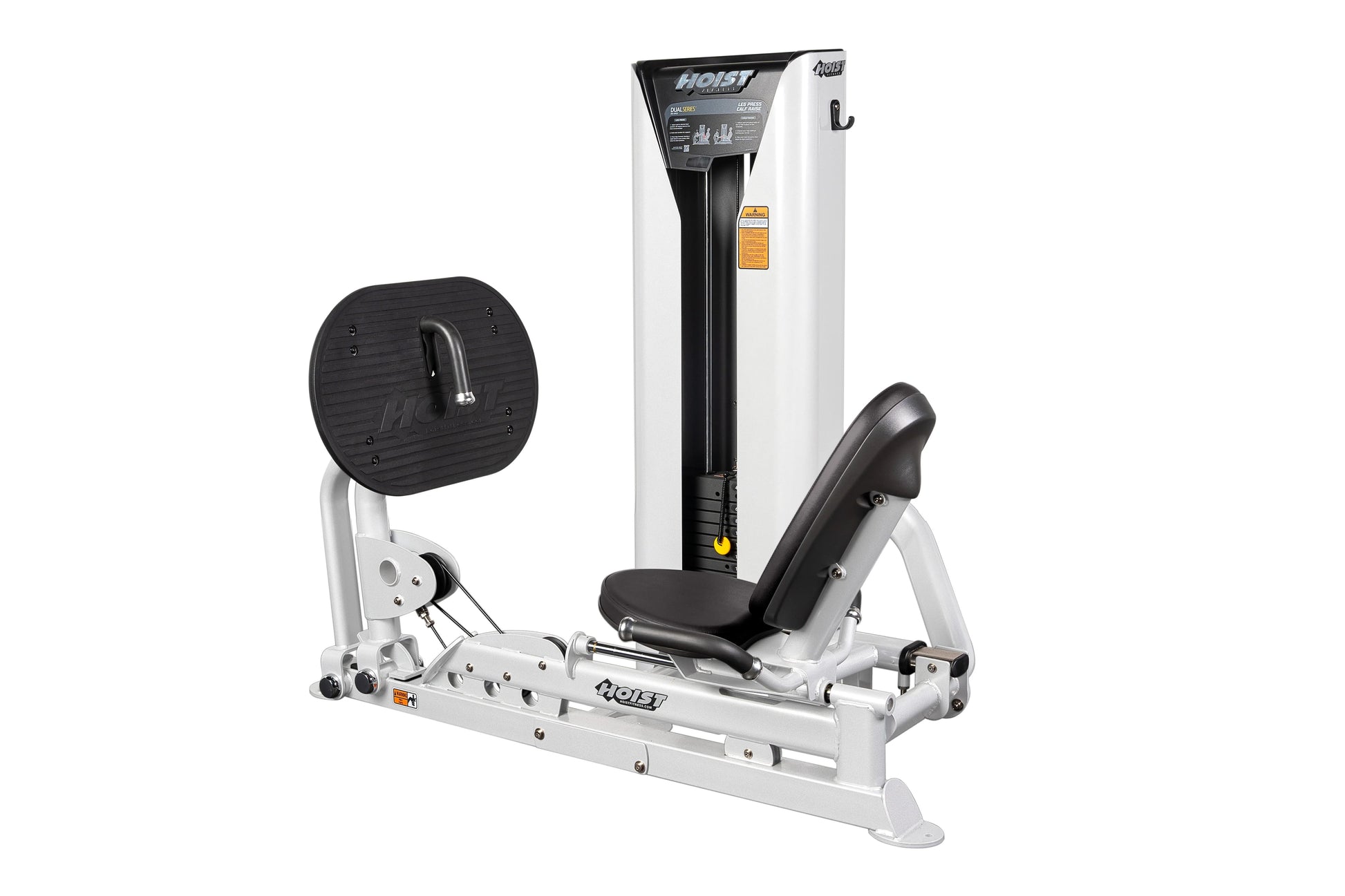 Hoist leg press and calf raise machine with white frame, black padded seat and backrest, circular foot platform, and tall upr