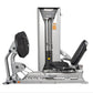 Hoist Leg Press/Calf Raise machine with silver frame, black padded seat and footrest, dual leg platforms, and control panel o