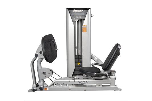 Hoist Leg Press/Calf Raise machine with silver frame, black padded seat and footrest, dual leg platforms, and control panel o