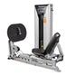 Hoist leg press and calf raise machine with silver frame, black padded seat and backrest, round foot platform, and vertical w