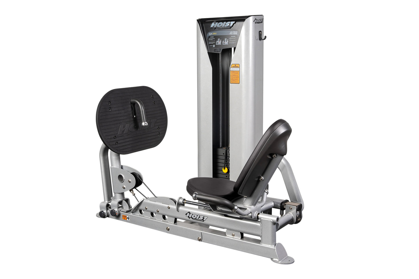 Hoist leg press and calf raise machine with silver frame, black padded seat and backrest, round foot platform, and vertical w
