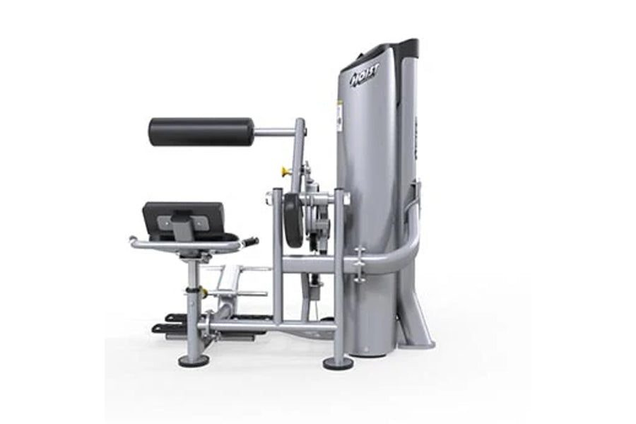 Hoist Ab Crunch/Low Back exercise machine with gray and black frame, seated position, on white background