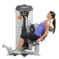 Woman in blue tank top using Hoist Dual Series leg press machine with gray and black frame, shown from side profile on white 