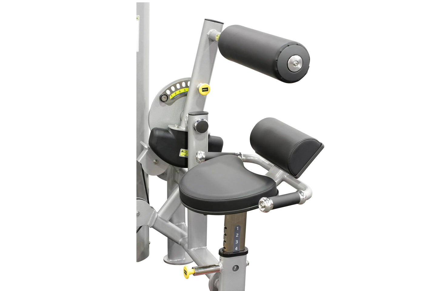 Hoist Ab Crunch/Low Back exercise machine with gray steel frame, black padded seat and back support, adjustable resistance di
