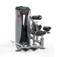 Hoist Ab Crunch/Low Back gym machine with gray frame, black padded seat and handles on white background