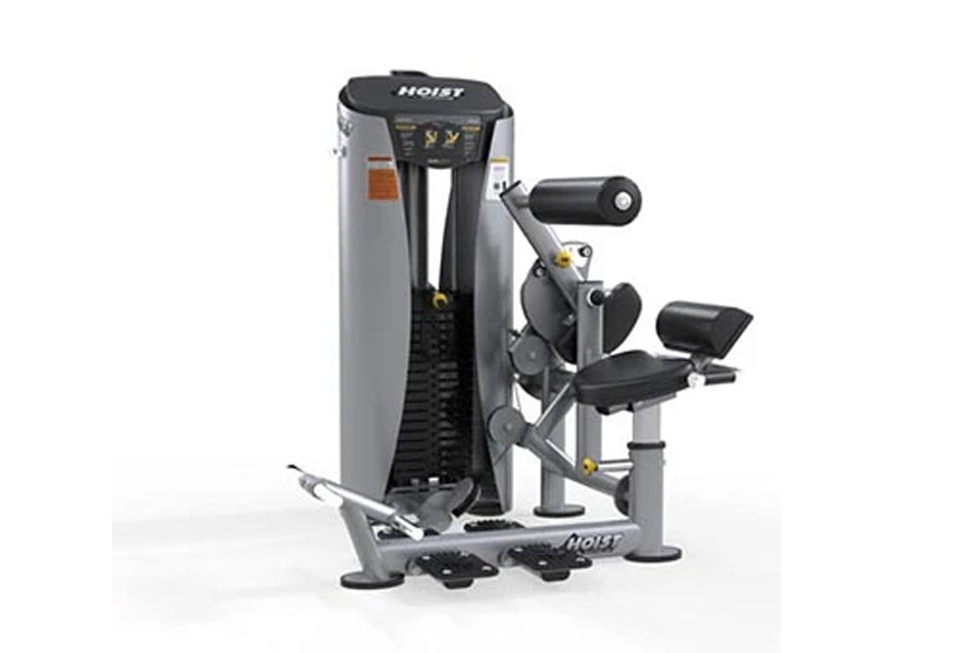 Hoist Ab Crunch/Low Back gym machine with gray frame, black padded seat and handles on white background