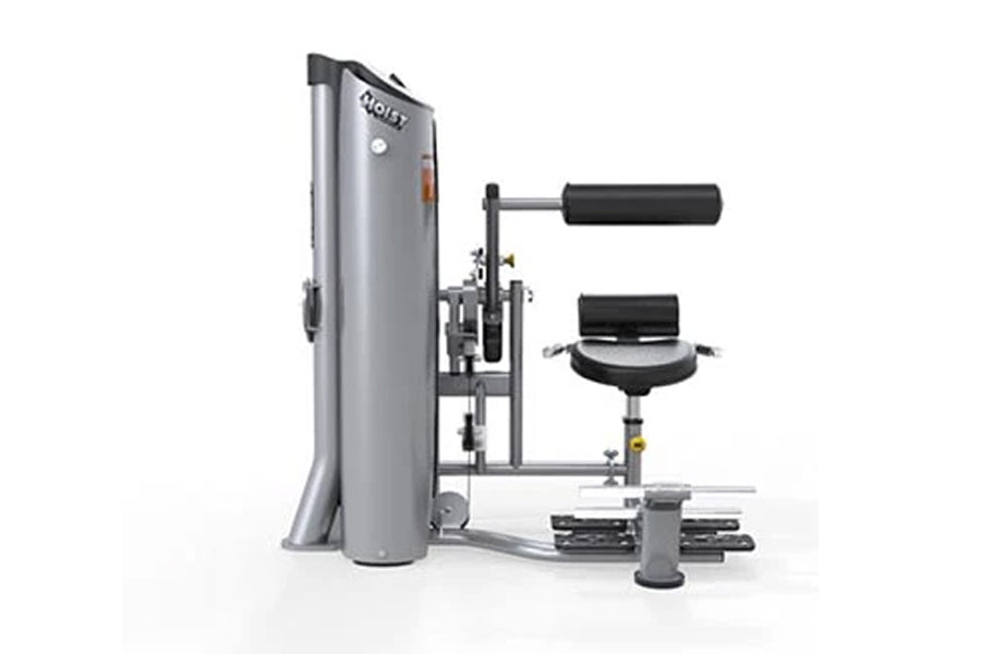 Hoist Ab Crunch/Low Back HD-3600 gym machine with gray tower, black seat, and lever arm on white background