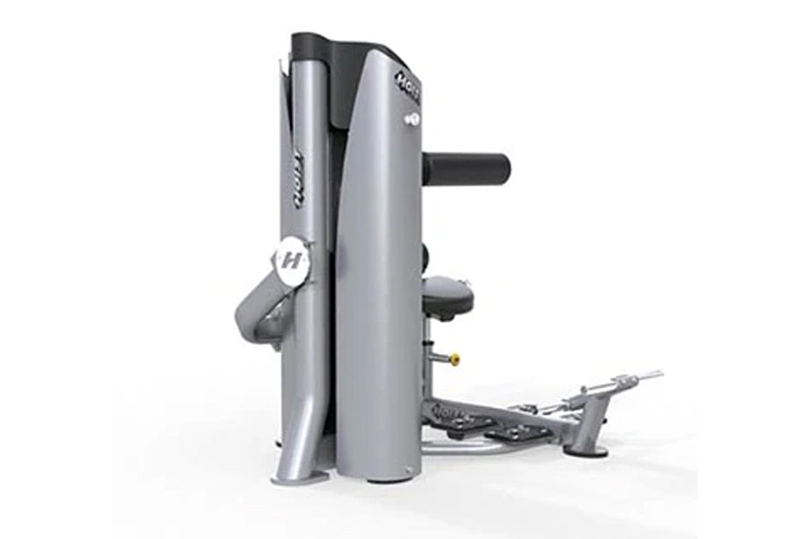 Hoist Ab Crunch/Low Back exercise machine with silver and black frame on white background