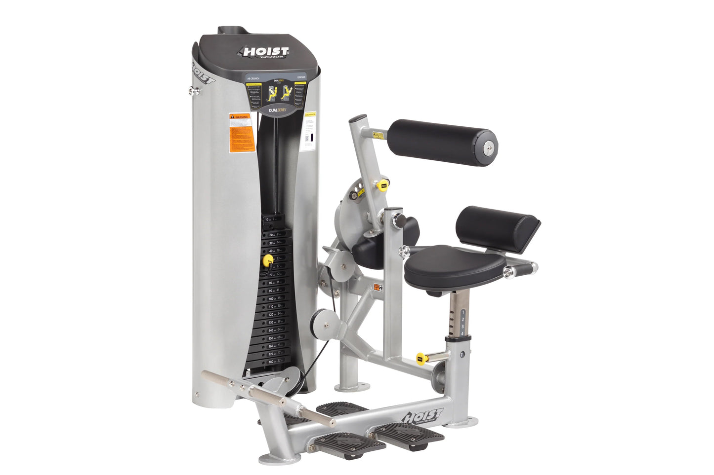 Hoist Ab Crunch/Low Back exercise machine with gray frame, black padded seat and handles, weight stack on white background