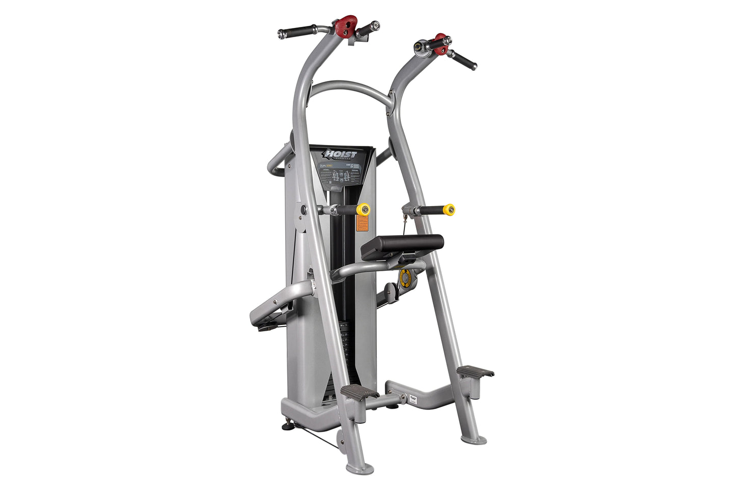 Hoist Chin/Dip Assist machine with gray frame, red handles, black seat, and yellow adjustment knobs on white background
