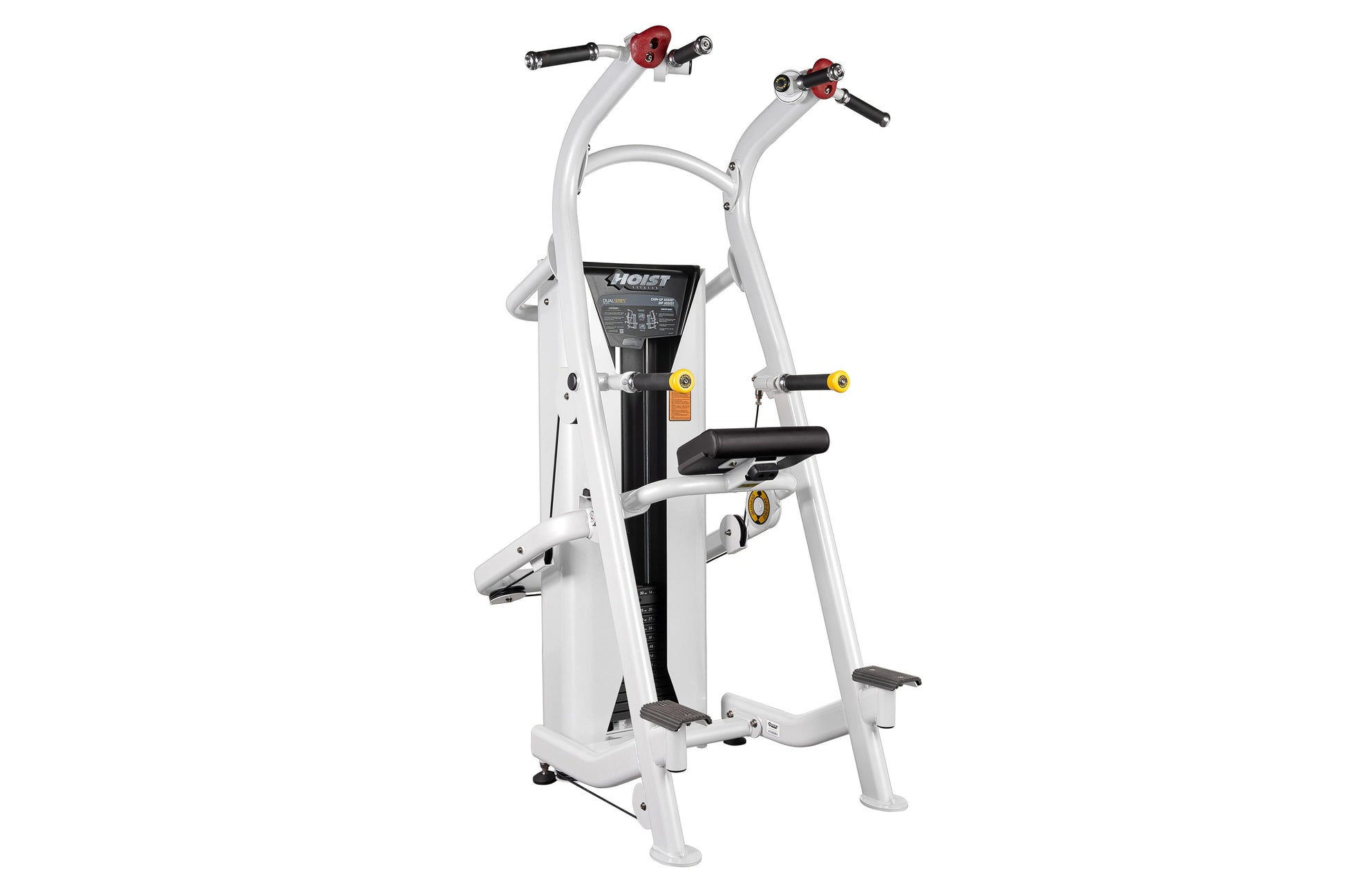 White and black Hoist Chin/Dip Assist machine with red and yellow adjustment handles, displayed on white background