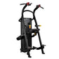 Black Hoist chin/dip assist machine with red handles, yellow adjustment knobs, and instruction panel on white background