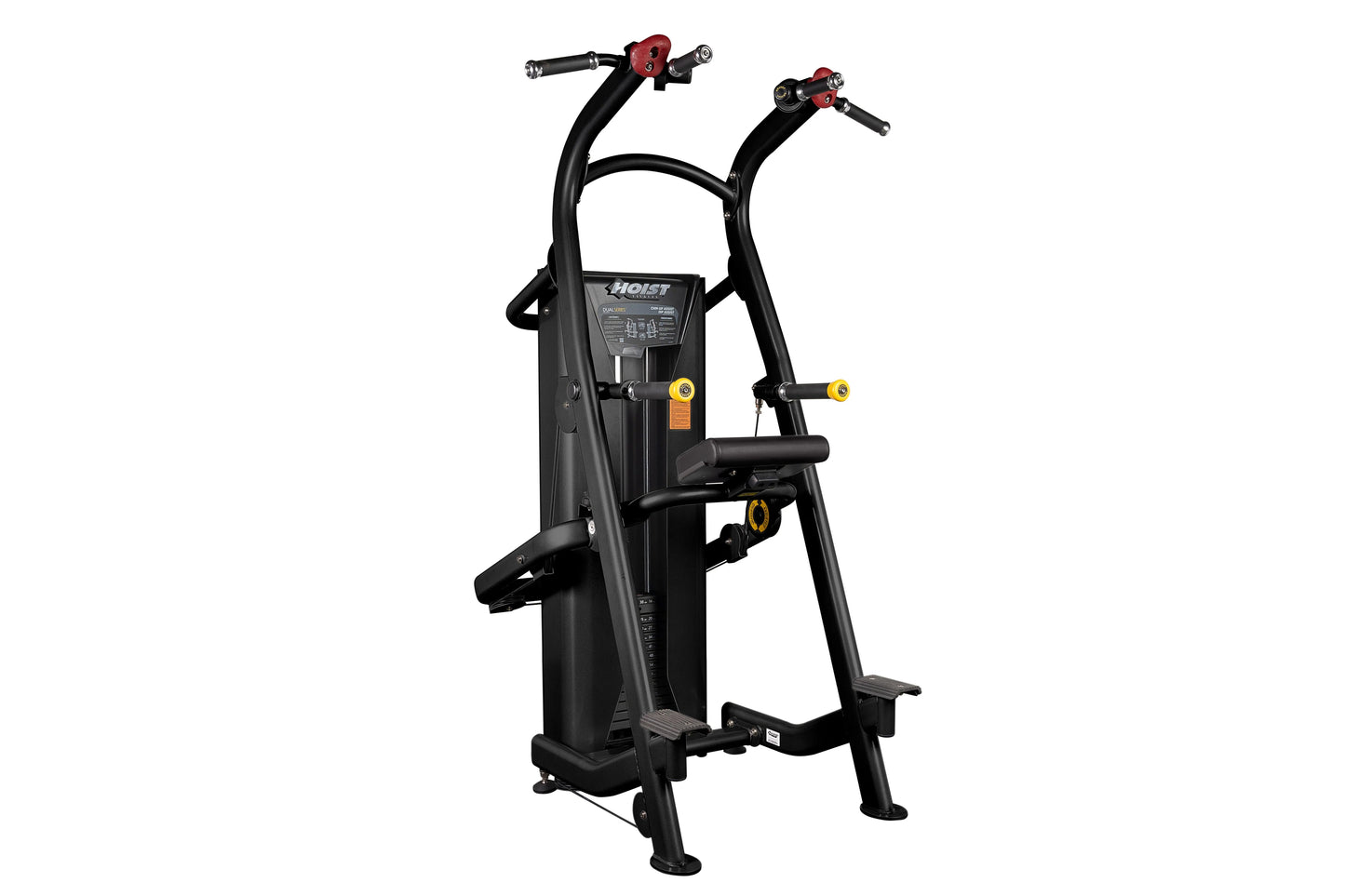 Black Hoist chin/dip assist machine with red handles, yellow adjustment knobs, and instruction panel on white background
