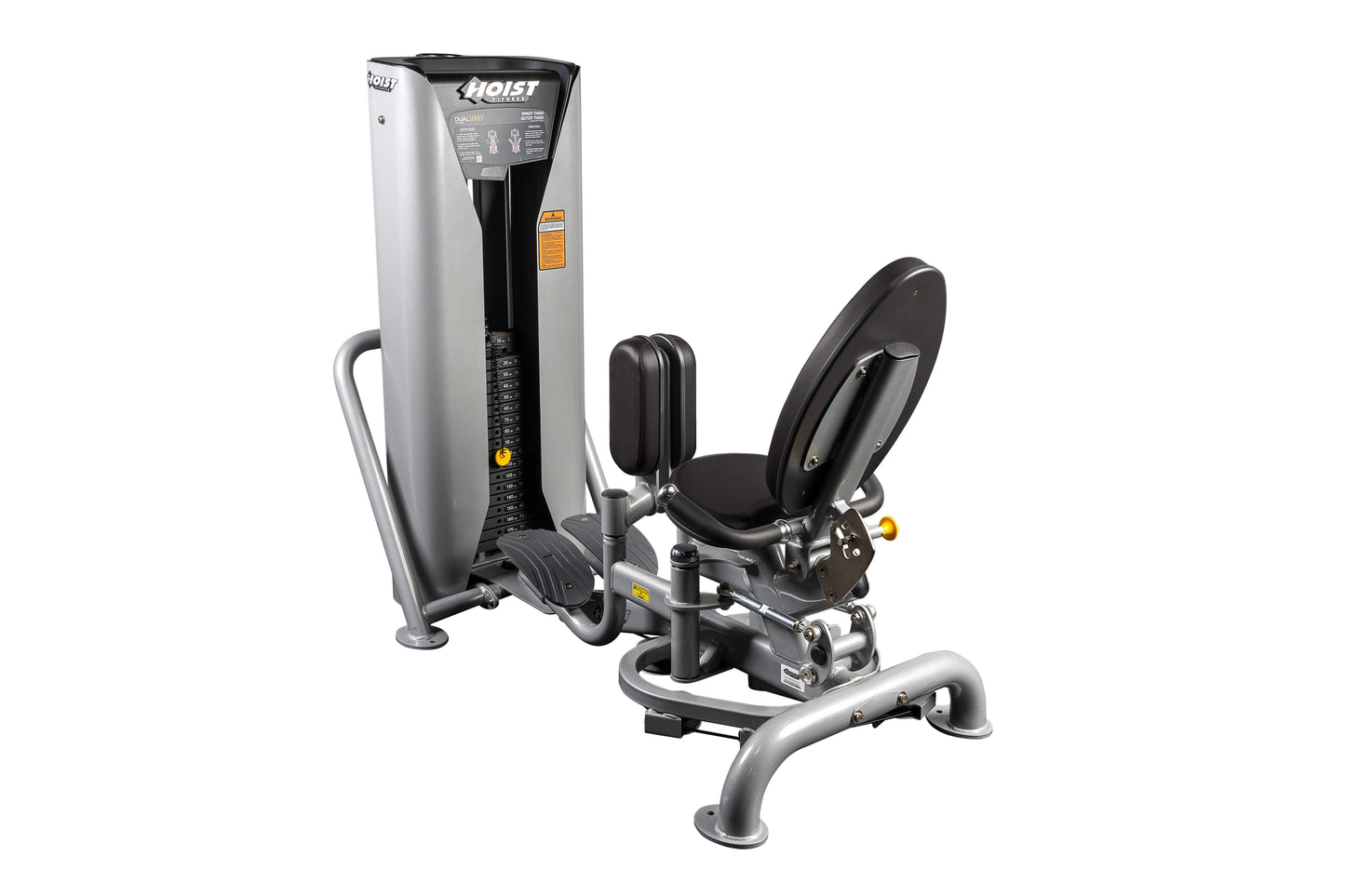 Hoist Inner/Outer Thigh HD-3800 gym equipment with silver and black frame, padded seat, and leg press attachment on white bac