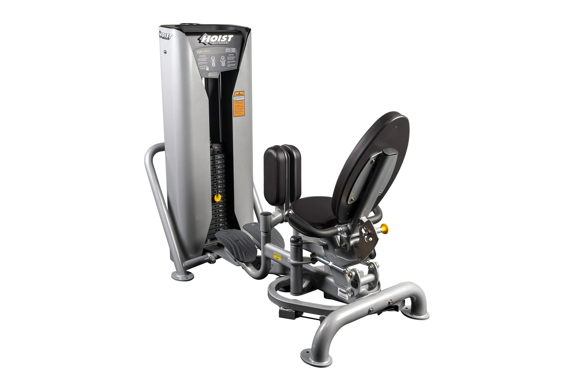 Hoist Inner/Outer Thigh HD-3800 gym equipment with silver and black frame, padded seat, and leg press attachment on white bac