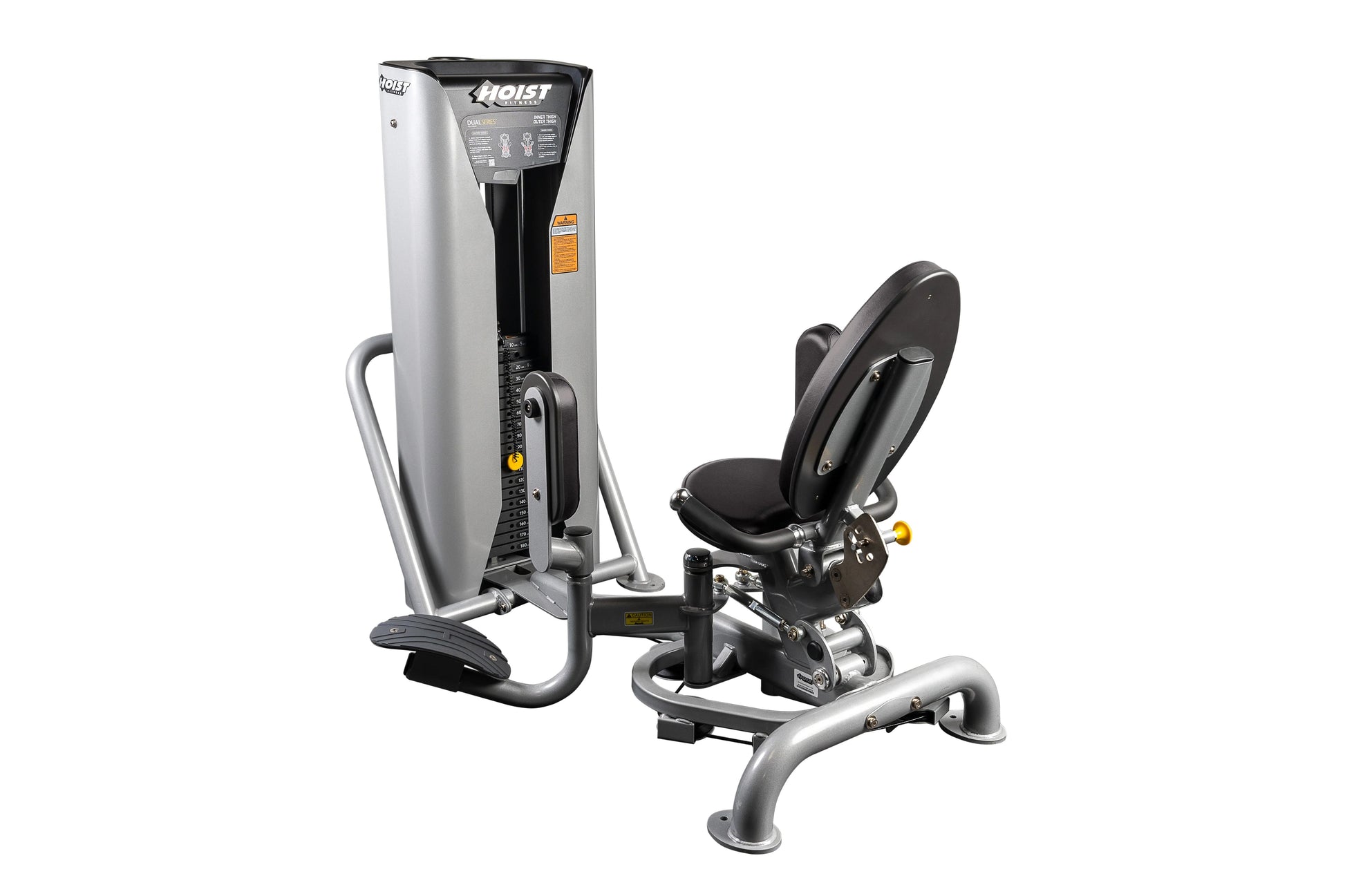 Hoist Inner/Outer Thigh HD-3800 gym machine with silver frame, black padded seat, and dual leg extension arms on white backgr