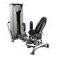 Hoist Inner/Outer Thigh leg exercise machine with silver and black frame, padded black seat, and footplate on white backgroun