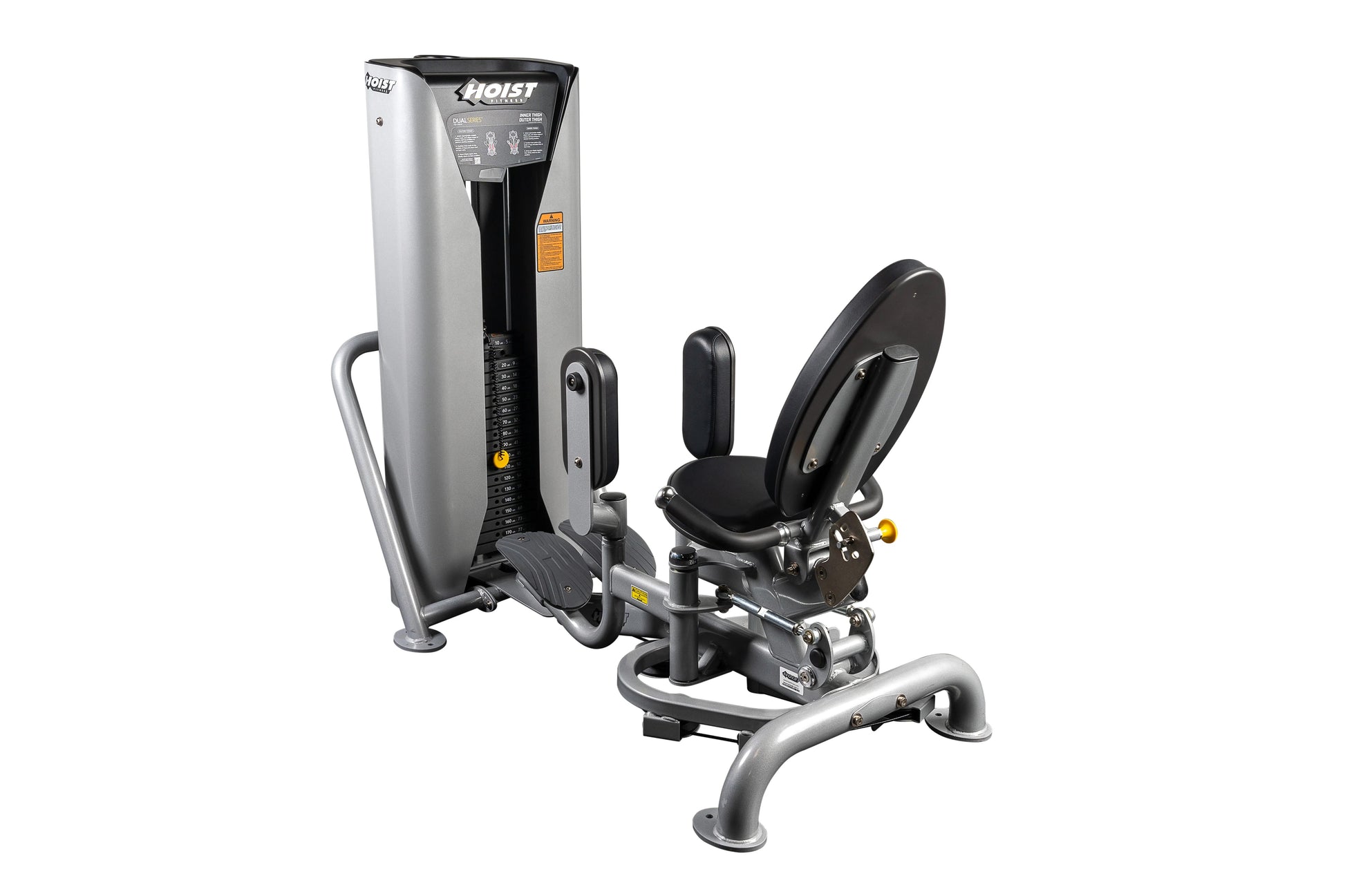 Hoist Inner/Outer Thigh leg press machine with silver frame, black padded seat, footplate, and adjustment controls on white b