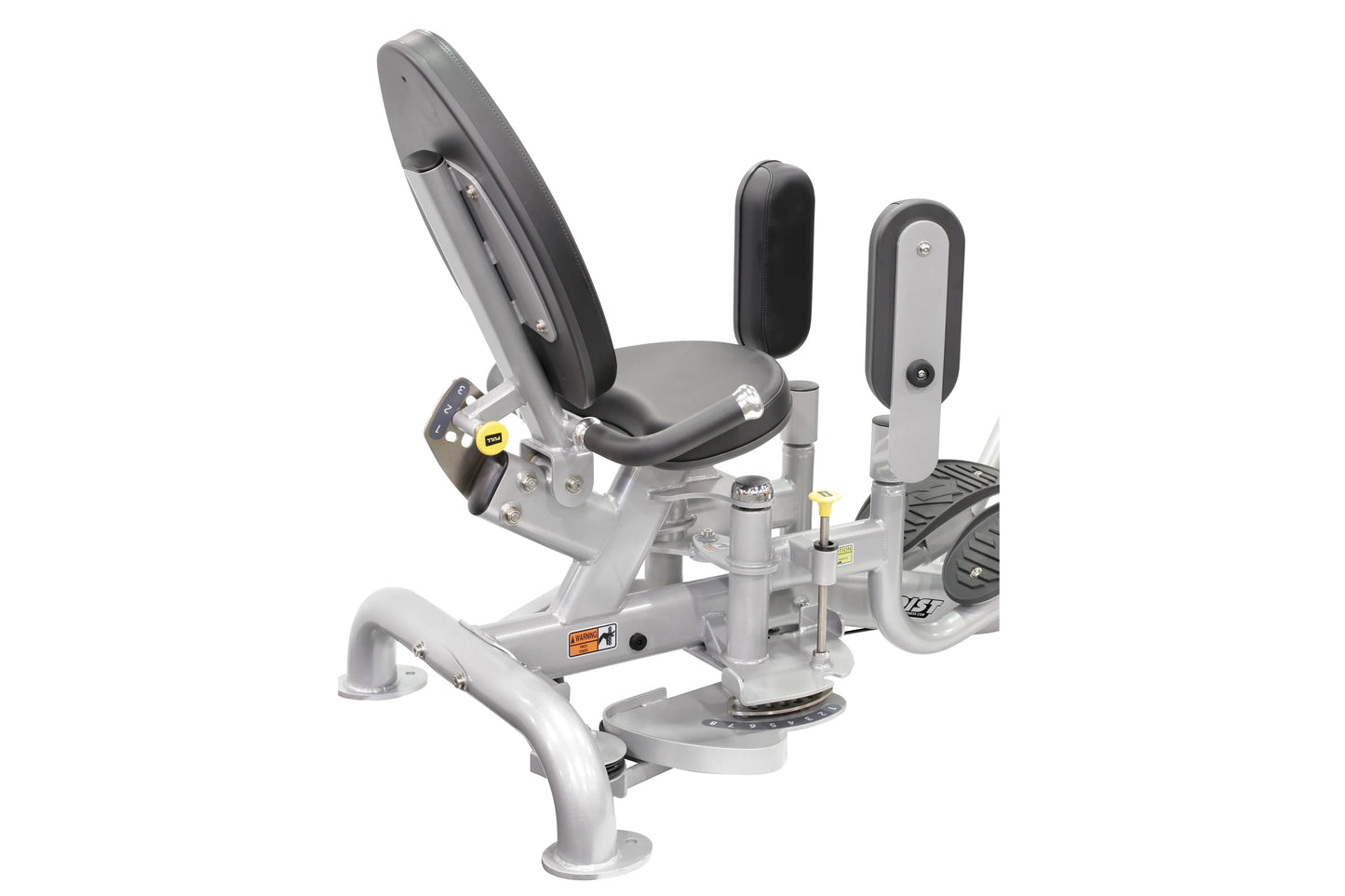 Hoist Inner/Outer Thigh leg exercise machine with gray steel frame, black padded seat and backrest, dual black leg pads, and 