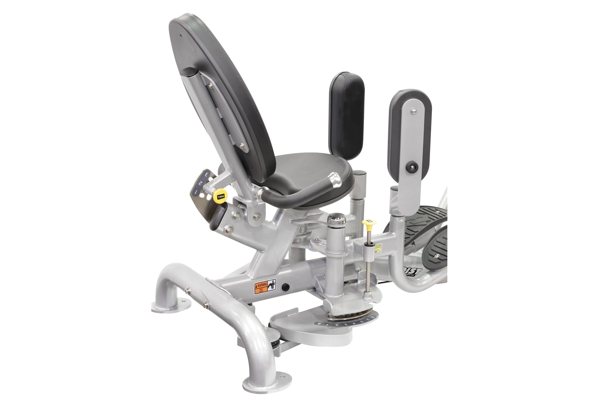 Hoist Inner/Outer Thigh leg exercise machine with gray steel frame, black padded seat and backrest, dual black leg pads, and 