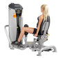 Hoist Inner/Outer Thigh leg press machine with silver frame and black padded seat, demonstrated by woman in black athletic we
