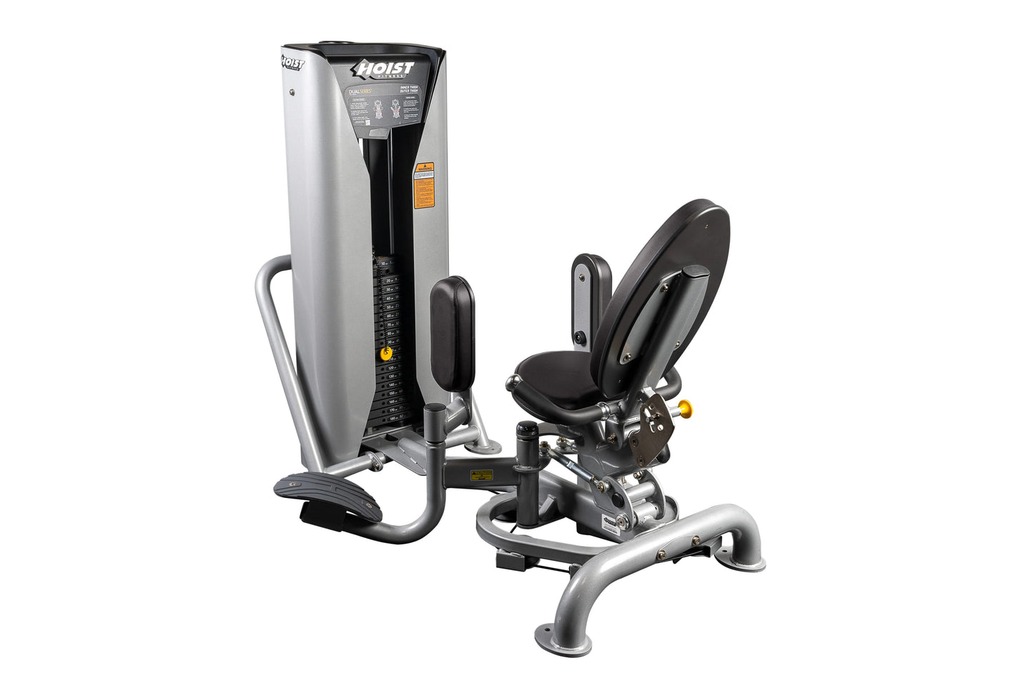 Hoist Inner/Outer Thigh HD-3800 machine with silver and black frame, black padded seat, and leg press attachment on white bac