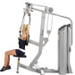Woman using silver Hoist Pec Fly/Rear Delt machine with black seat, demonstrated on white background