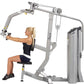 Woman using silver Hoist Pec Fly/Rear Delt exercise machine with adjustable arms and seat, demonstrating chest press position
