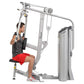 Man using silver Hoist Pec Fly/Rear Delt machine with cable system, demonstrated on white background