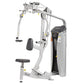 Silver and black Hoist chest press and rear deltoid strength training machine with padded seat and arm levers on white backgr