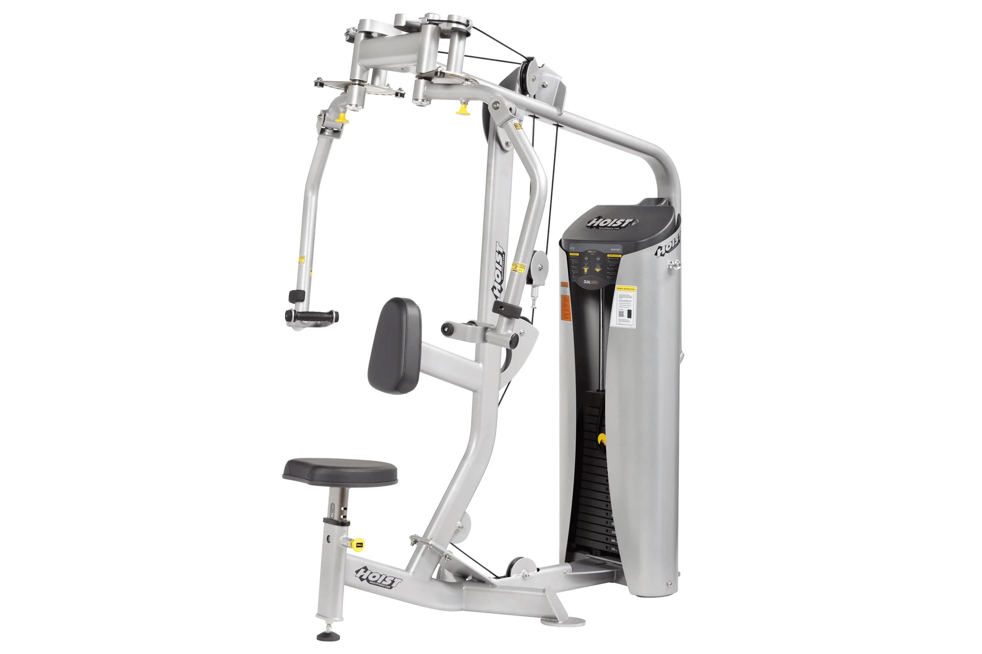 Silver and black Hoist chest press and rear deltoid strength training machine with padded seat and arm levers on white backgr