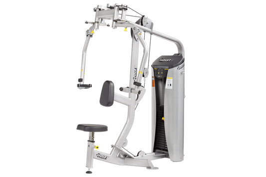 Silver and black Hoist chest press and rear deltoid strength training machine with padded seat and arm levers on white backgr