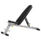 Hoist Folding Multi-Bench with black padded backrest and seat, silver metal frame, adjustable angle, black foot pads on white