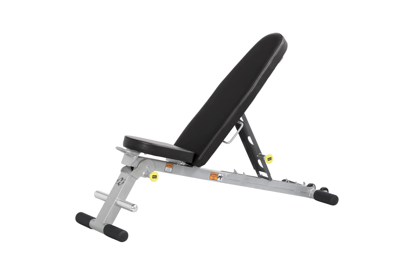 Hoist Folding Multi-Bench with black padded backrest and seat, silver metal frame, adjustable angle, black foot pads on white