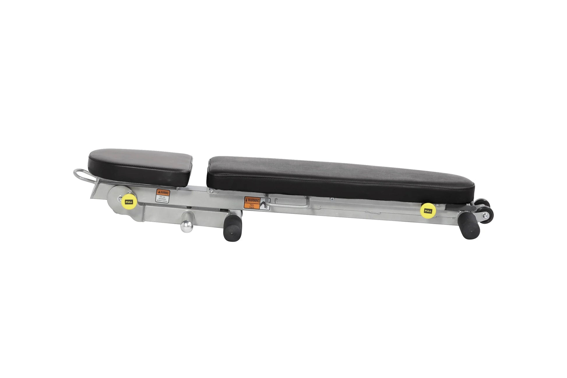 Hoist Folding Multi-Bench with black padded seat and backrest, gray metal frame, and yellow safety handles on white backgroun