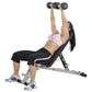 Woman performing dumbbell chest press on gray and black adjustable weight bench with 15kg dumbbells