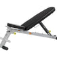 Hoist Folding Multi-Bench with black cushioned seat and backrest, gray steel frame, adjustable angle, black foot pads, on whi