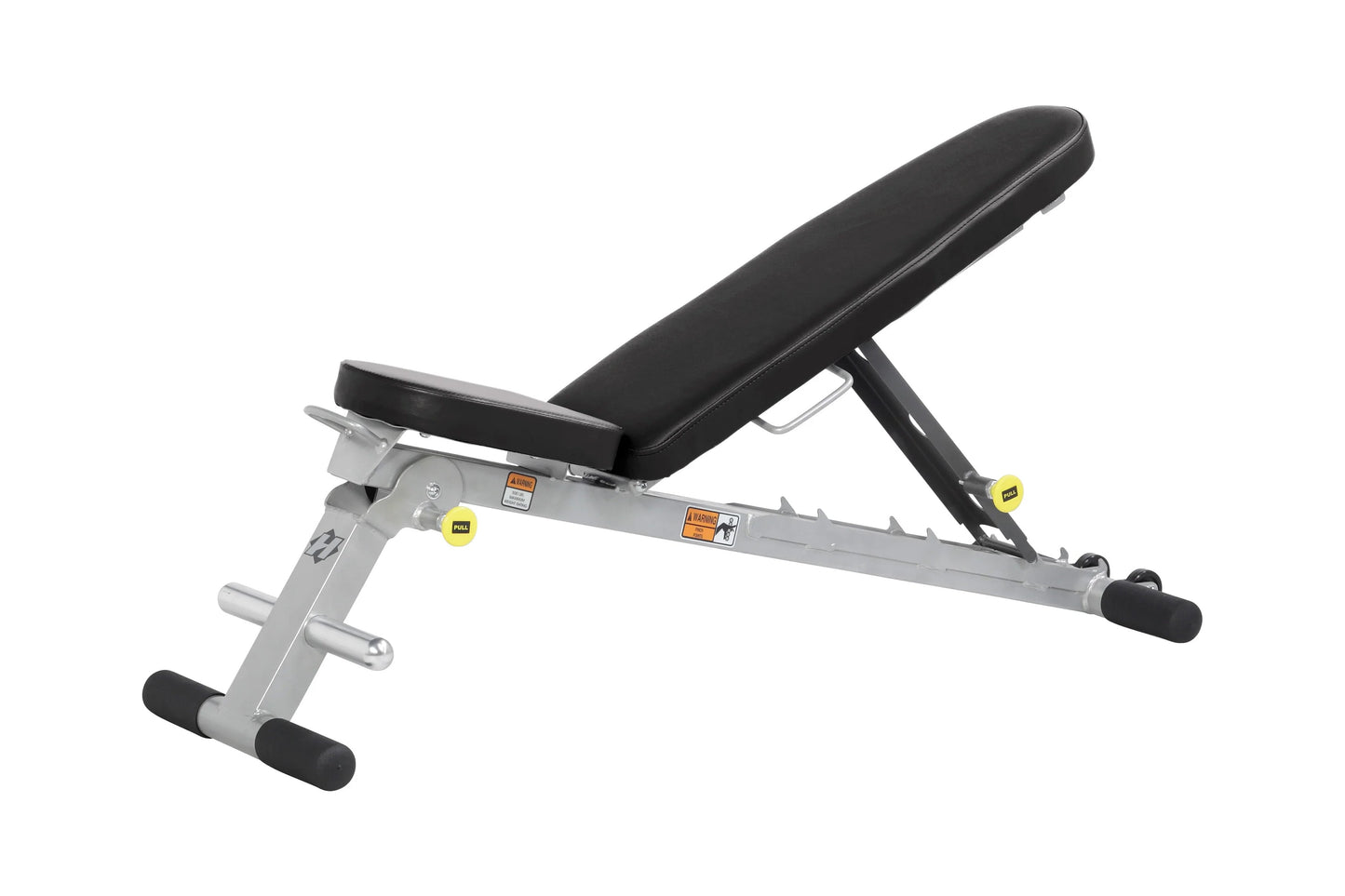 Hoist Folding Multi-Bench with black cushioned seat and backrest, gray steel frame, adjustable angle, black foot pads, on whi