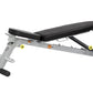 Hoist Folding Multi-Bench with black padded seat, gray steel frame, yellow pull handles, and black foot pads on white backgro