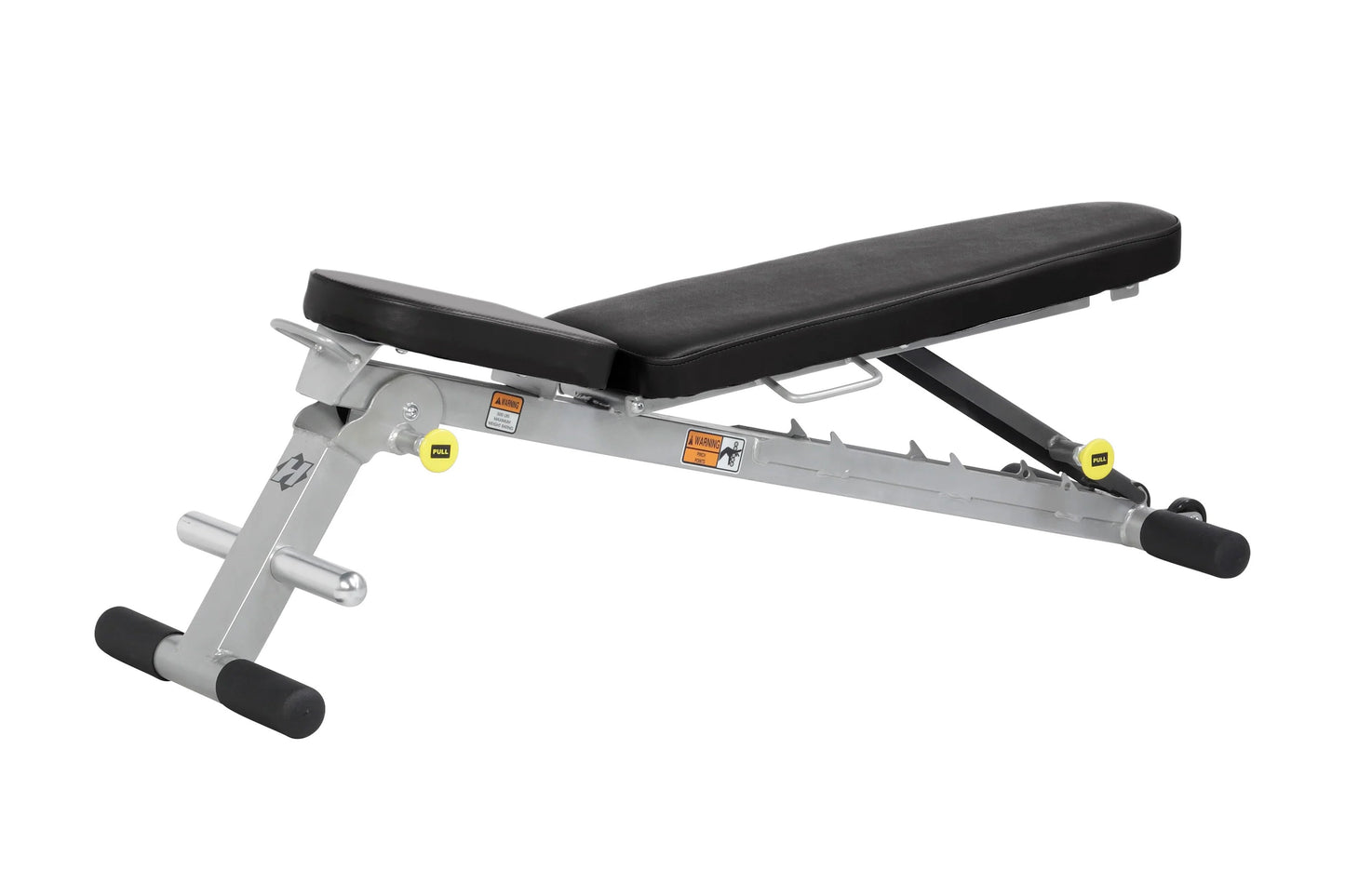 Hoist Folding Multi-Bench with black padded seat, gray steel frame, yellow pull handles, and black foot pads on white backgro