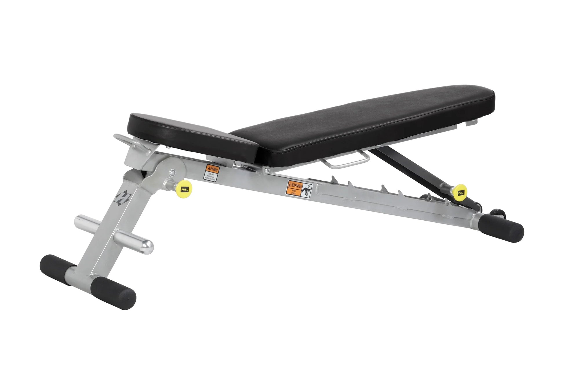 Hoist Folding Multi-Bench with black padded seat, gray steel frame, yellow pull handles, and black foot pads on white backgro
