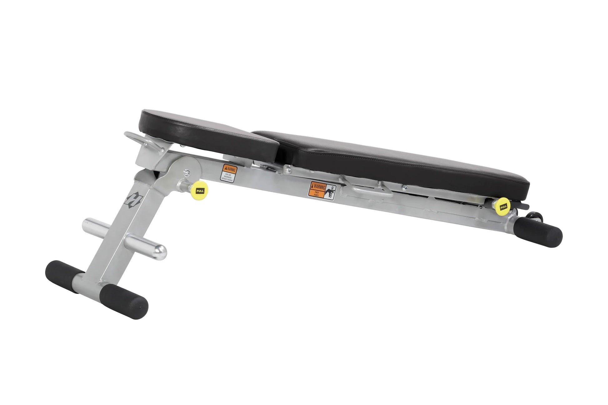 Hoist Folding Multi-Bench with black padded seat, gray metal frame, yellow pull handles, and black foot pads on white backgro