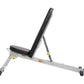 Hoist Folding Multi-Bench with gray metal frame, black padded seat and backrest, adjustable incline, and yellow safety pins o