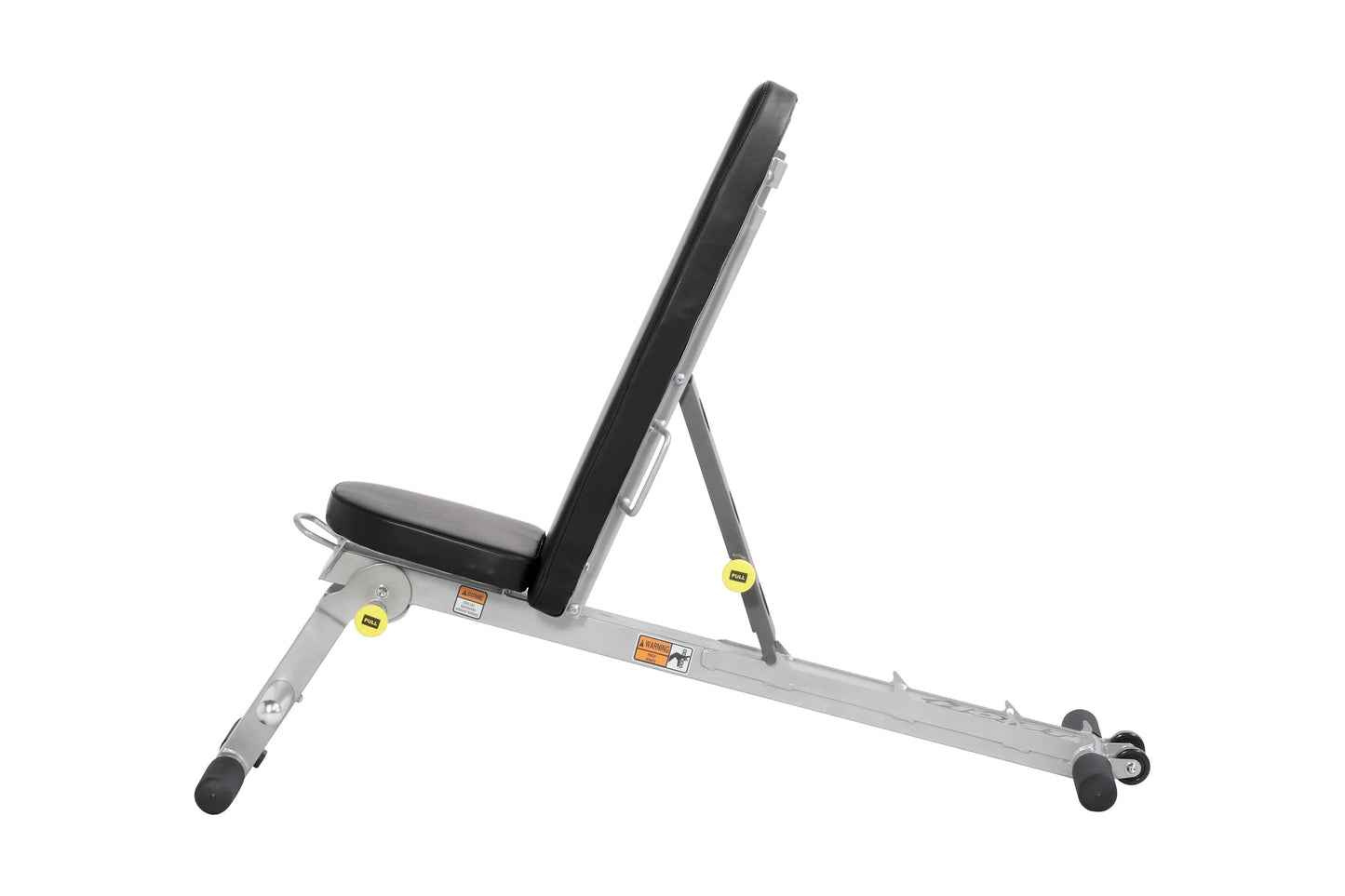 Hoist Folding Multi-Bench with gray metal frame, black padded seat and backrest, adjustable incline, and yellow safety pins o